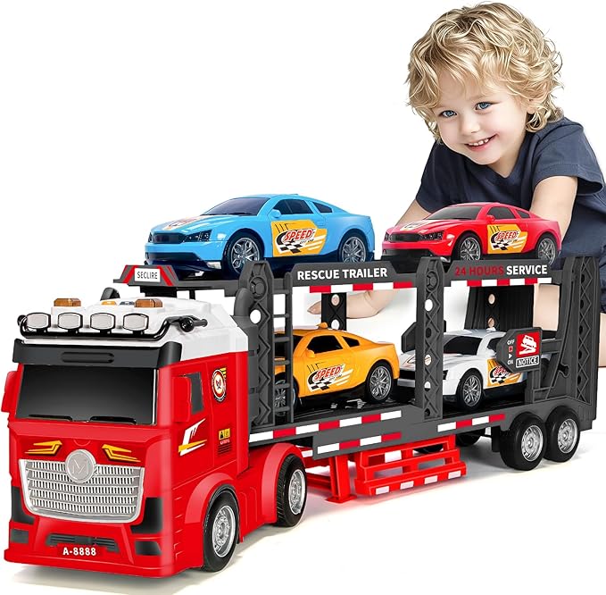 Double Layer Race Truck Toy with 4 Racing Cars, Friction Powered Vehical