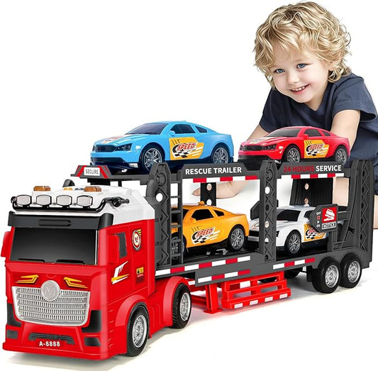 Double Layer Race Truck Toy with 4 Racing Cars, Friction Powered Vehical
