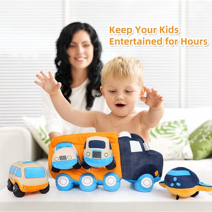 Soft Truck Toy Set with 4 Stuffed Baby Vehicles Toys
