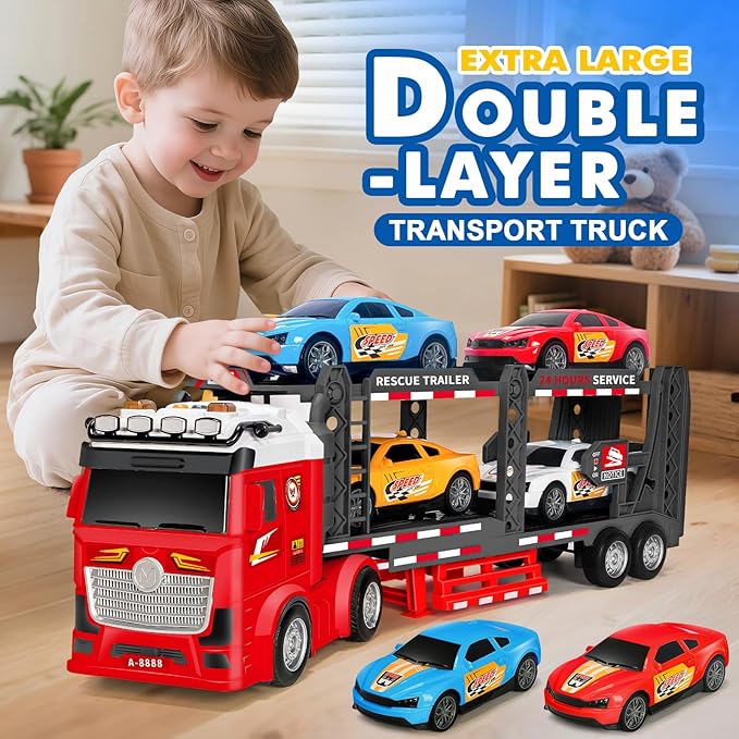 Double Layer Race Truck Toy with 4 Racing Cars, Friction Powered Vehical