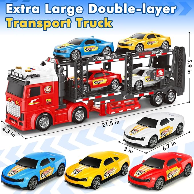 Double Layer Race Truck Toy with 4 Racing Cars, Friction Powered Vehical