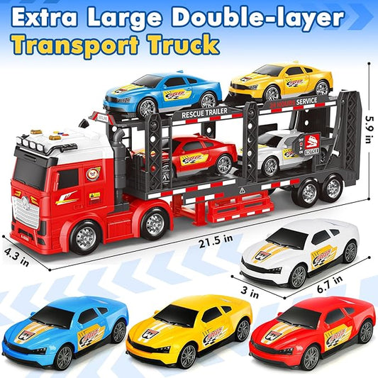 Double Layer Race Truck Toy with 4 Racing Cars, Friction Powered Vehical
