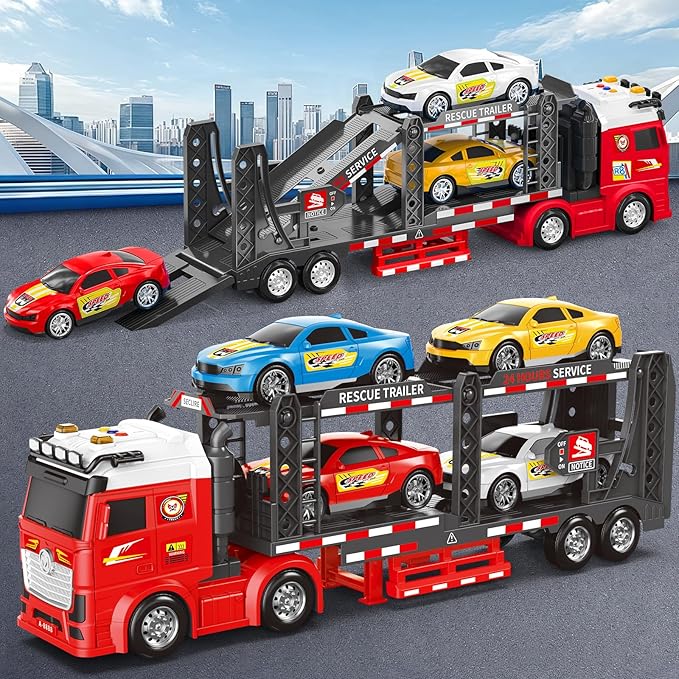 Double Layer Race Truck Toy with 4 Racing Cars, Friction Powered Vehical
