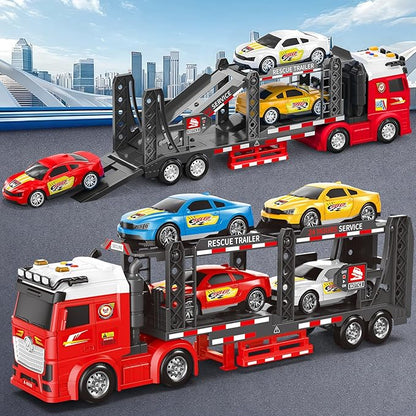 Double Layer Race Truck Toy with 4 Racing Cars, Friction Powered Vehical